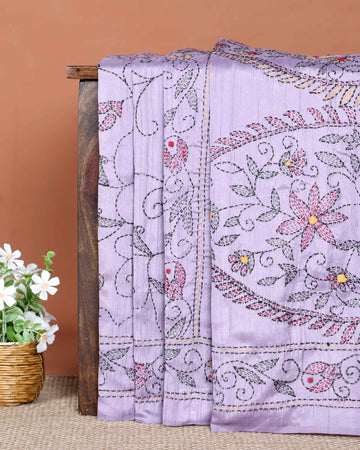 Elegant Hand Embroidered Kantha Work Saree with Floral Motifs - Lavender