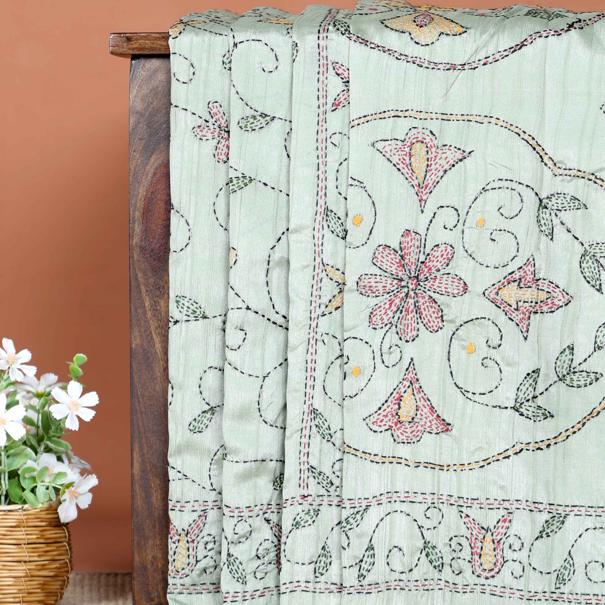 Elegant Hand Embroidered Kantha Work Saree with Floral Motifs - Light Green