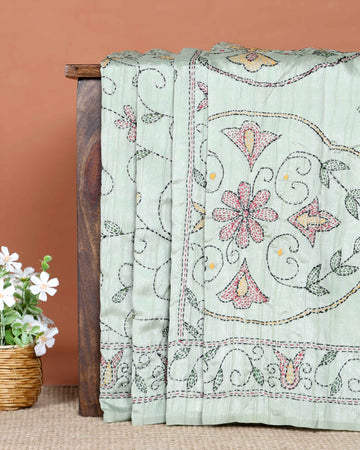 Elegant Hand Embroidered Kantha Work Saree with Floral Motifs - Light Green