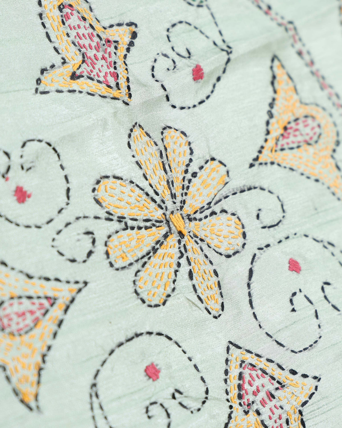 Elegant Hand Embroidered Kantha Work Saree with Floral Motifs - Light Green