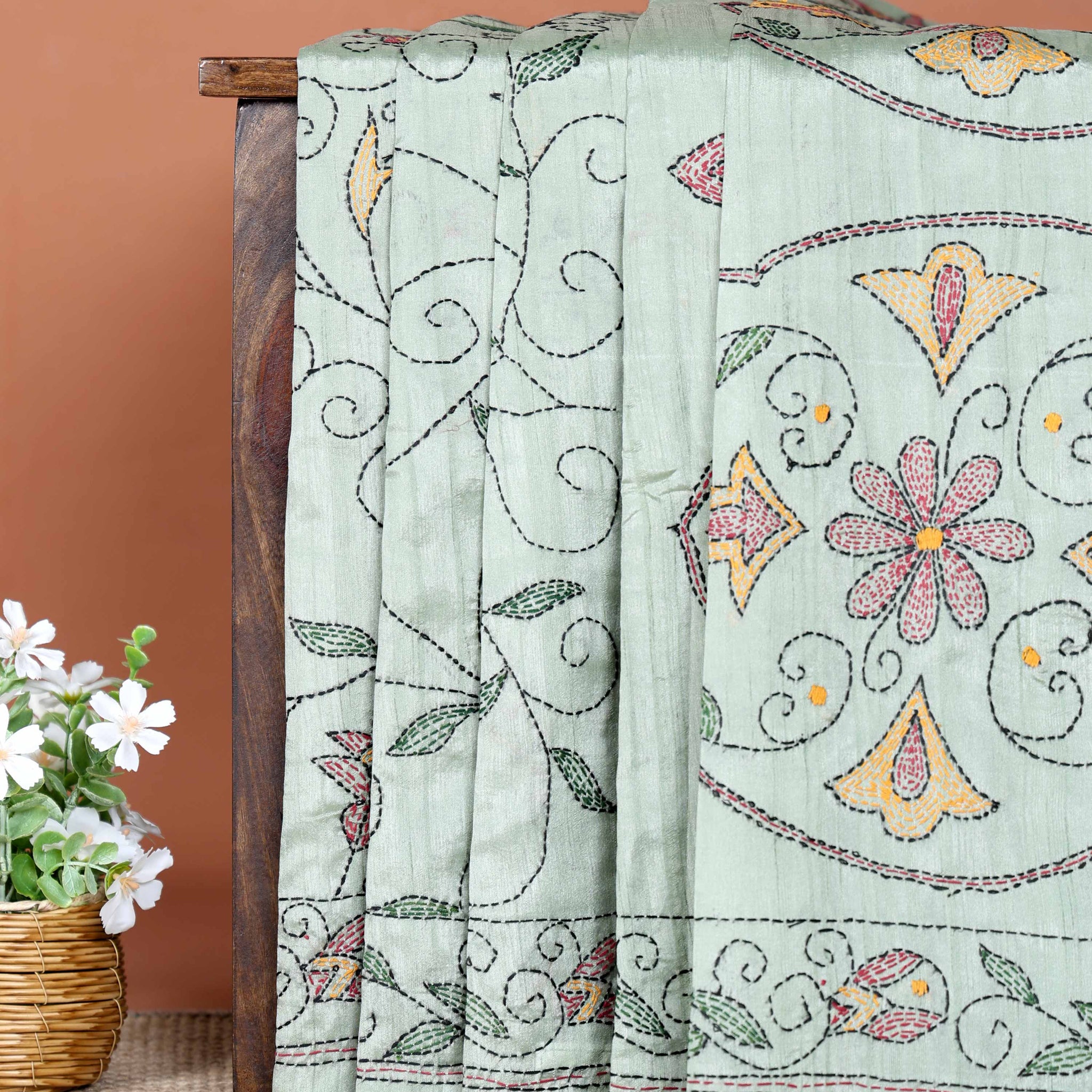 Elegant Hand Embroidered Kantha Saree with Intricate Floral Motifs - Light Green