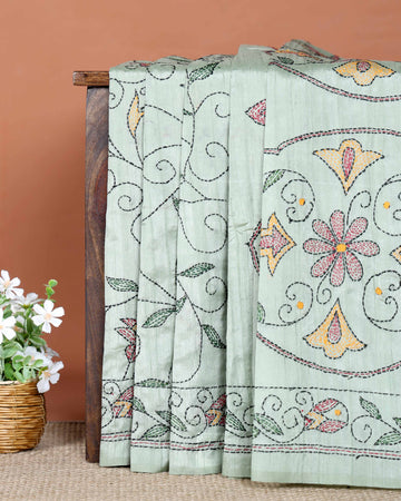 Elegant Hand Embroidered Kantha Saree with Intricate Floral Motifs - Light Green