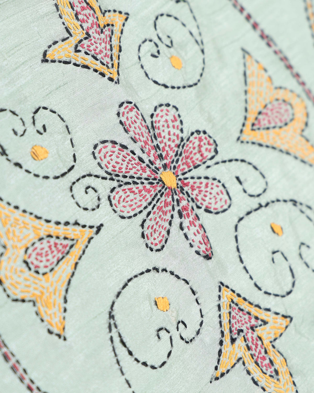 Elegant Hand Embroidered Kantha Saree with Intricate Floral Motifs - Light Green