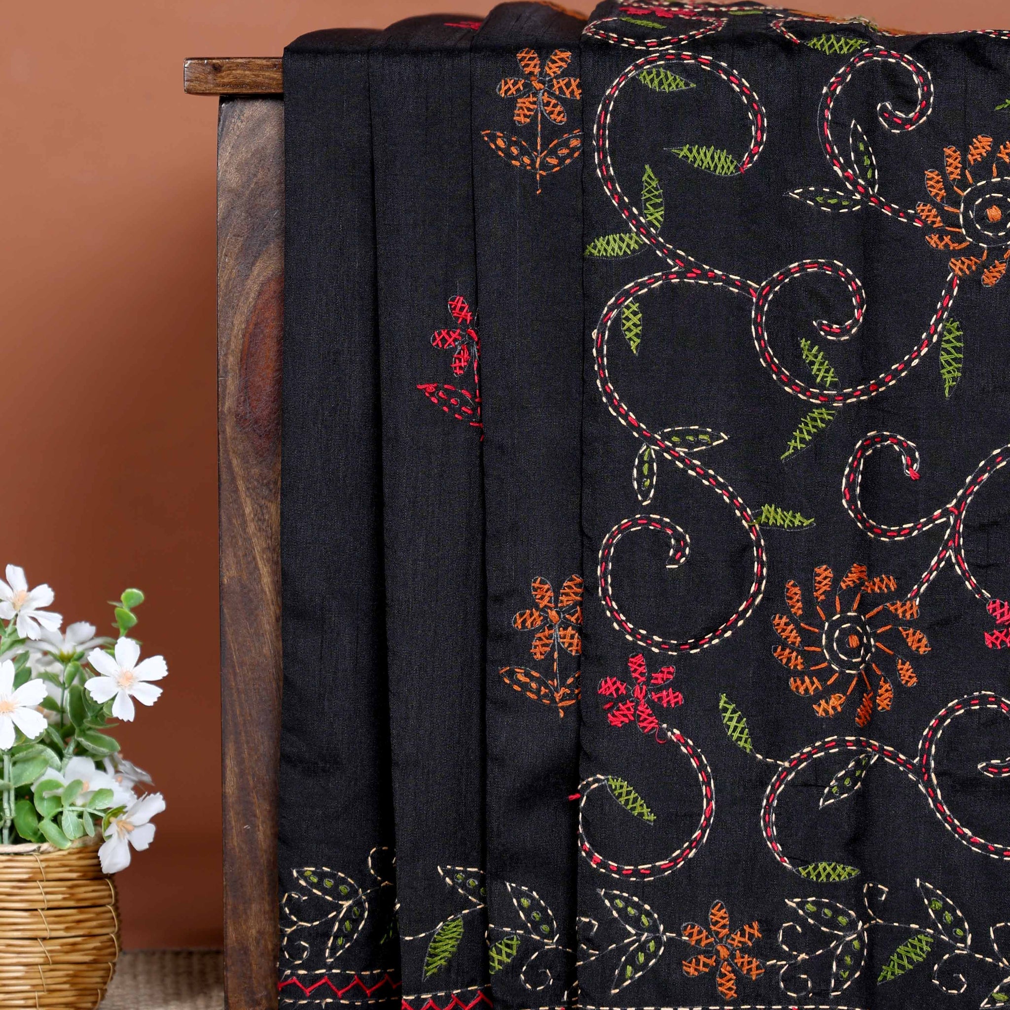 Elegant Hand Embroidered Kantha Work Saree with Detailed Floral Motifs - Black