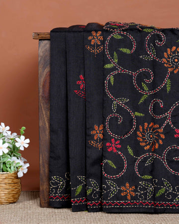 Elegant Hand Embroidered Kantha Work Saree with Detailed Floral Motifs - Black