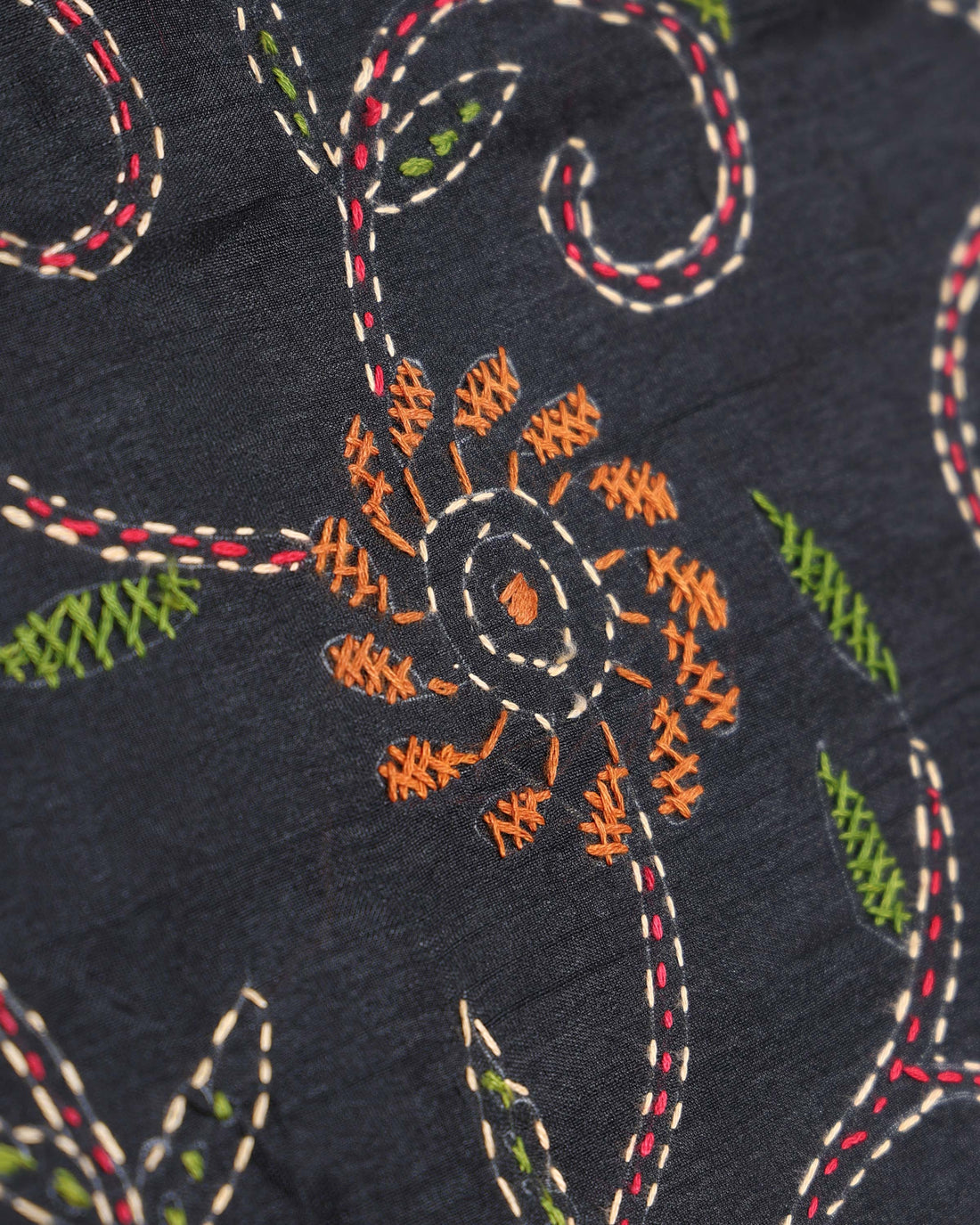 Elegant Hand Embroidered Kantha Work Saree with Detailed Floral Motifs - Black