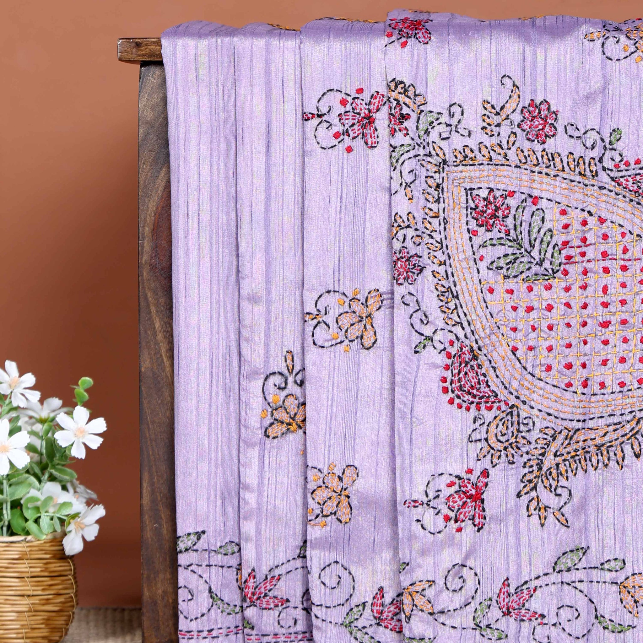 Elegant Hand Embroidered Kantha Work Saree with Intricate Floral and Paisley Motifs and Detailed Embroidered Border- Lavender