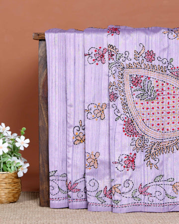 Elegant Hand Embroidered Kantha Work Saree with Intricate Floral and Paisley Motifs and Detailed Embroidered Border- Lavender