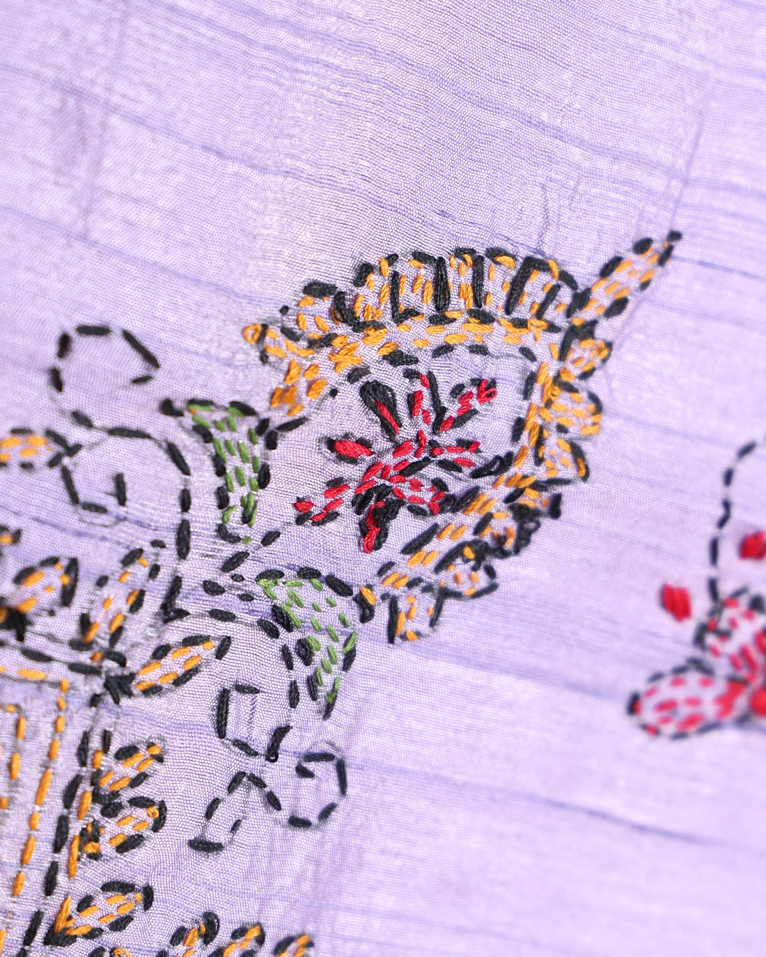 Elegant Hand Embroidered Kantha Work Saree with Intricate Floral and Paisley Motifs and Detailed Embroidered Border- Lavender