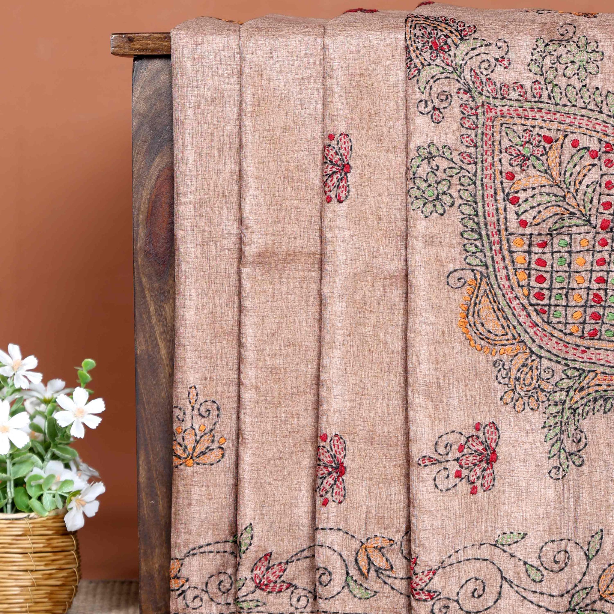 Elegant Hand Embroidered Kantha Work Saree with Intricate Floral and Paisley Motifs and Detailed Embroidered Border - Light Brown