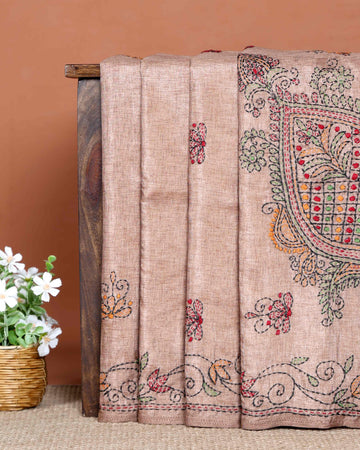 Elegant Hand Embroidered Kantha Work Saree with Intricate Floral and Paisley Motifs and Detailed Embroidered Border - Light Brown