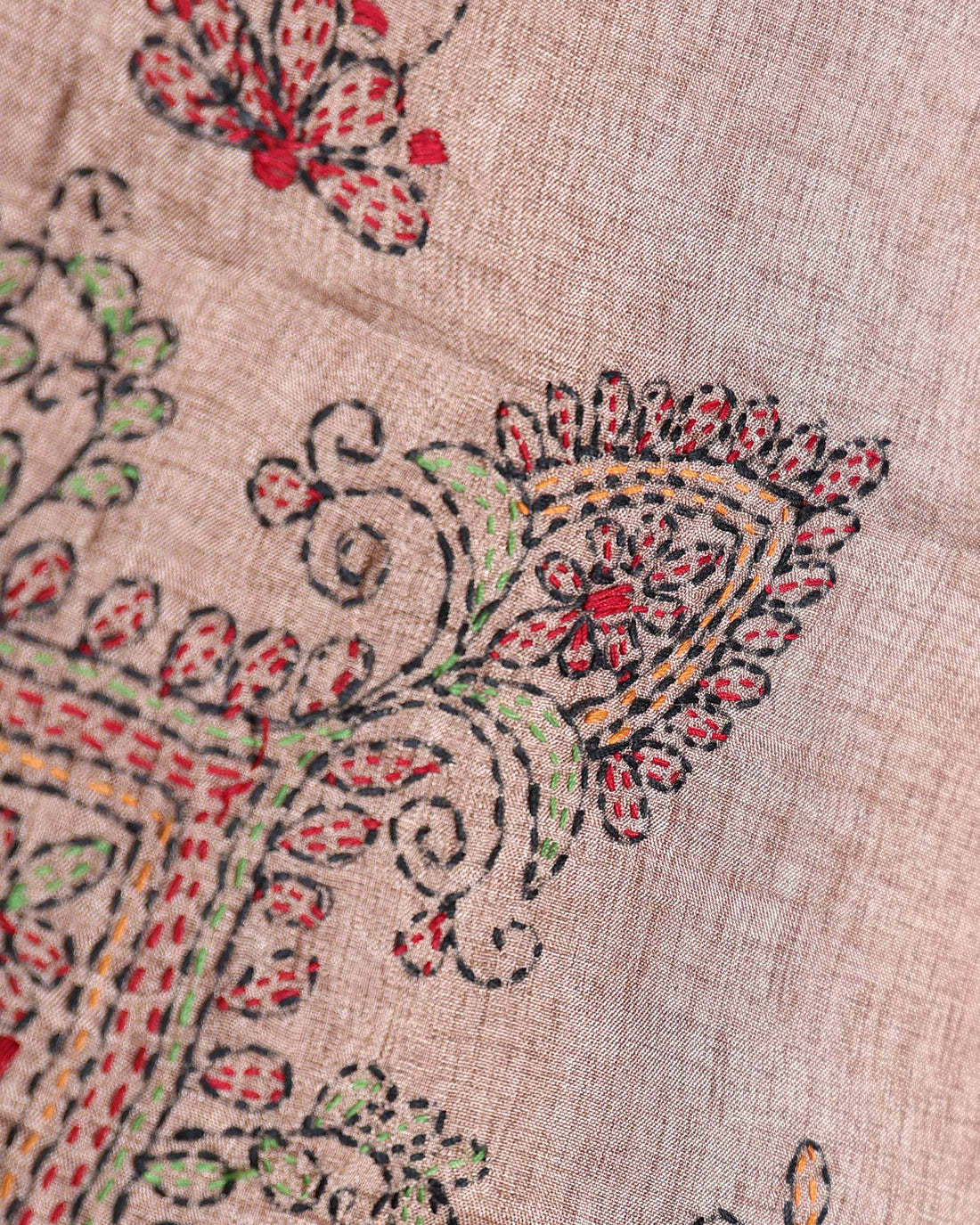 Elegant Hand Embroidered Kantha Work Saree with Intricate Floral and Paisley Motifs and Detailed Embroidered Border - Light Brown