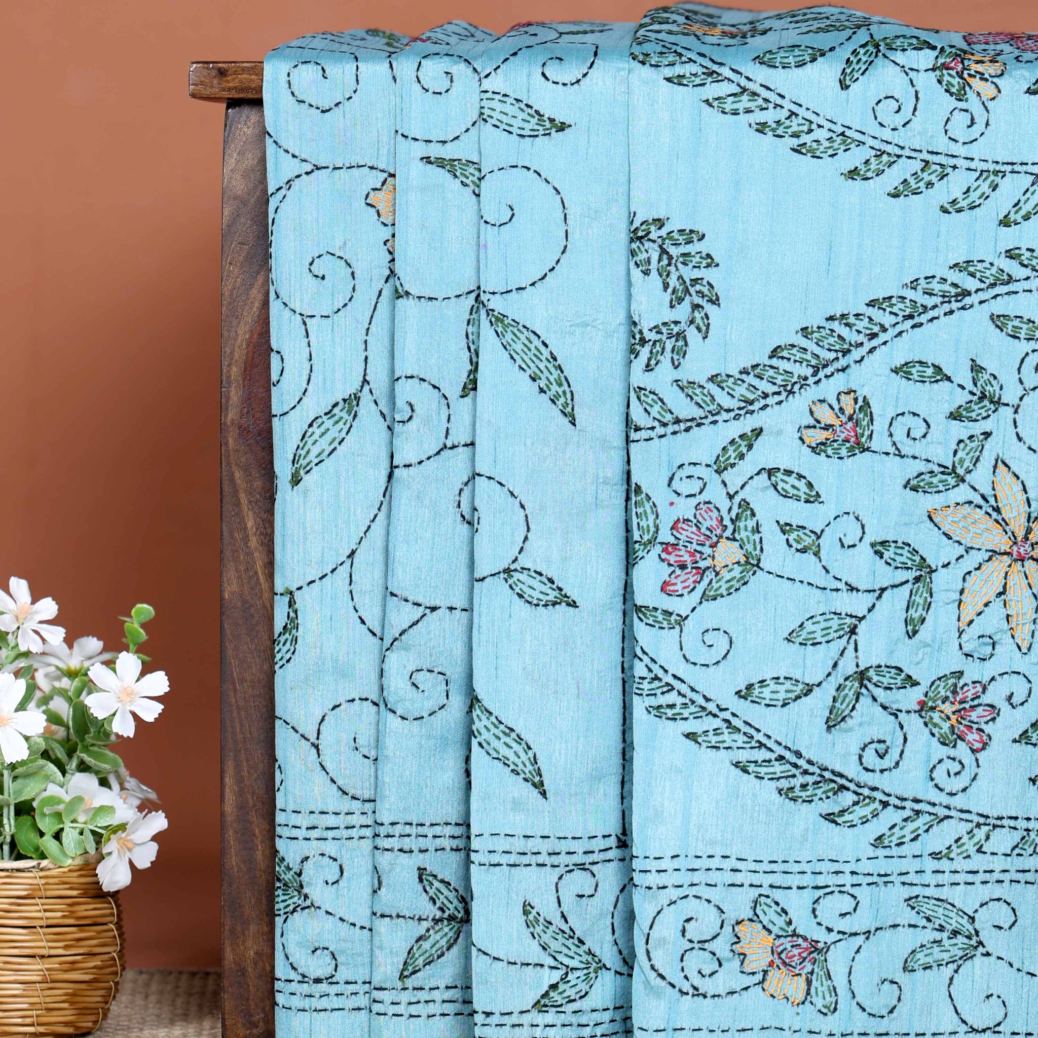 Elegant Hand Embroidered Kantha Work Saree with Floral Motifs - Sky Blue