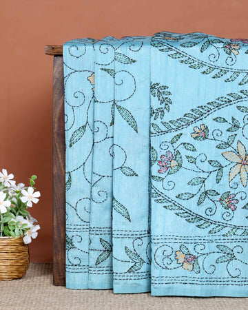Elegant Hand Embroidered Kantha Work Saree with Floral Motifs - Sky Blue