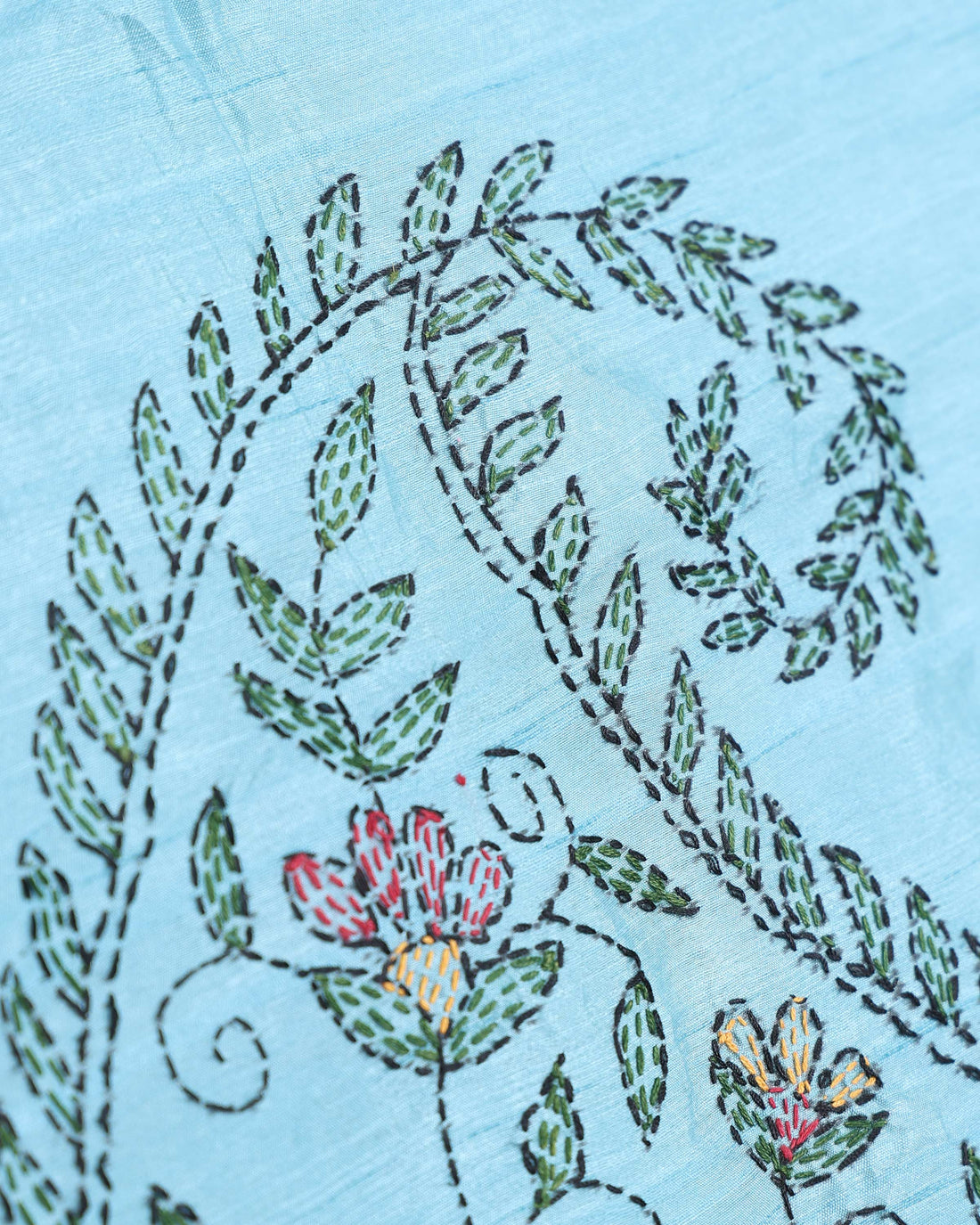 Elegant Hand Embroidered Kantha Work Saree with Floral Motifs - Sky Blue