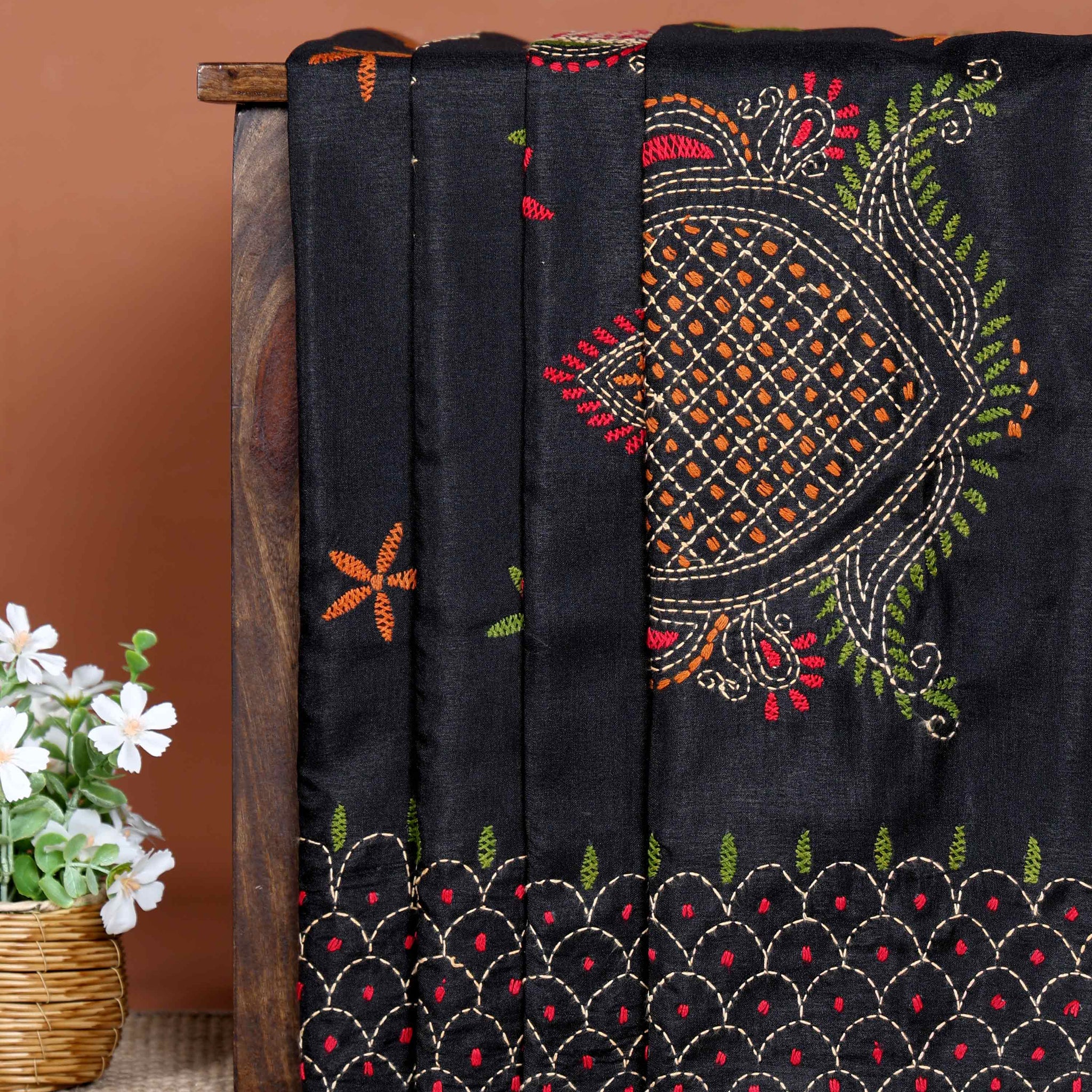 Elegant Hand Embroidered Kantha Work Saree with Intricate Floral and Geometric Motifs - Black