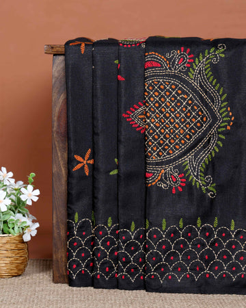 Elegant Hand Embroidered Kantha Work Saree with Intricate Floral and Geometric Motifs - Black