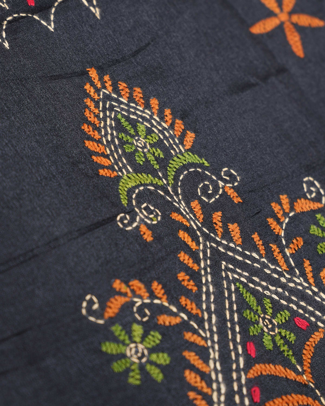 Elegant Hand Embroidered Kantha Work Saree with Intricate Floral and Geometric Motifs - Black