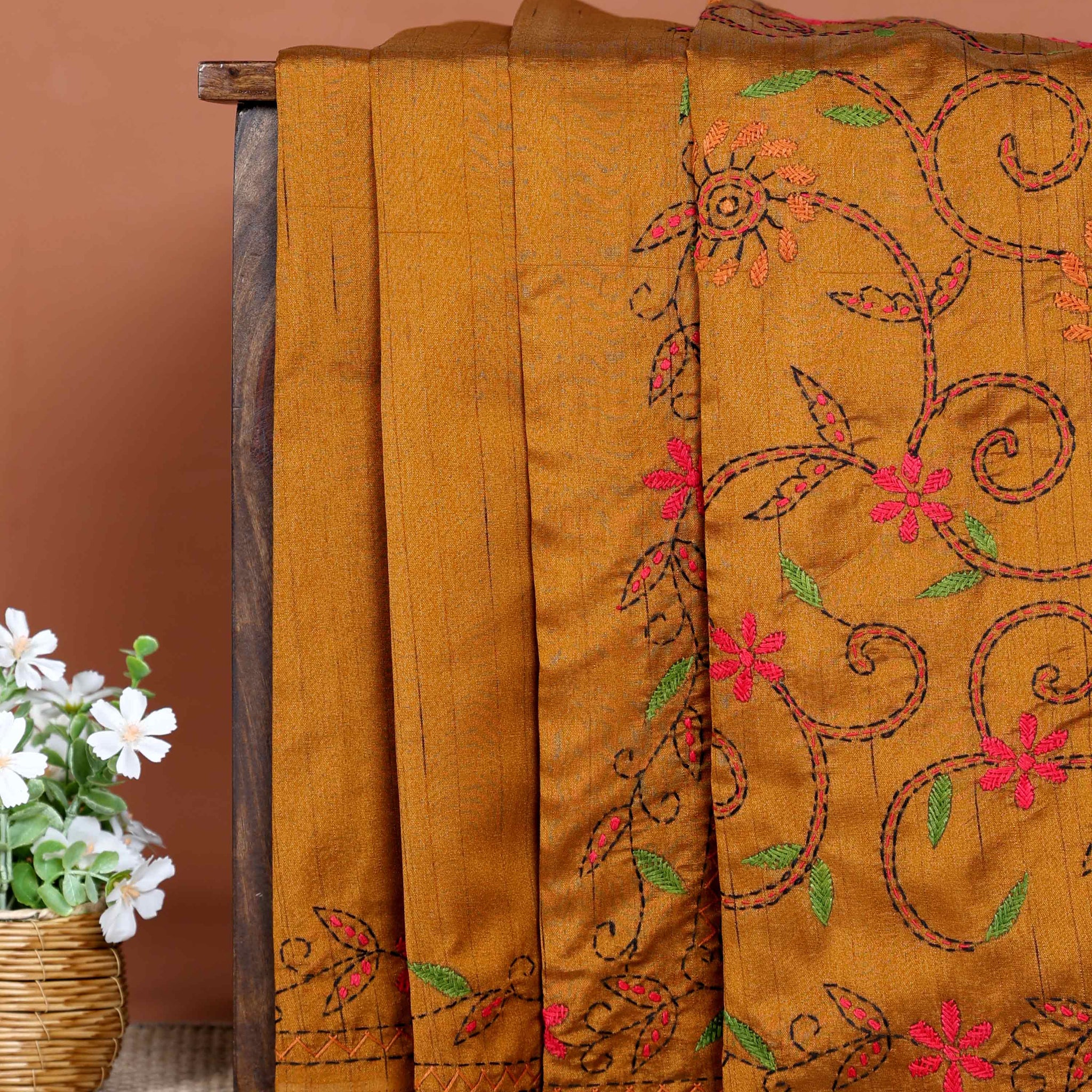 Elegant Hand Embroidered Kantha Work Saree with Detailed Floral Motifs - Mustard