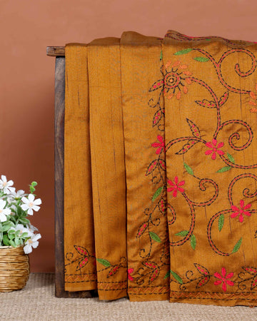 Elegant Hand Embroidered Kantha Work Saree with Detailed Floral Motifs - Mustard