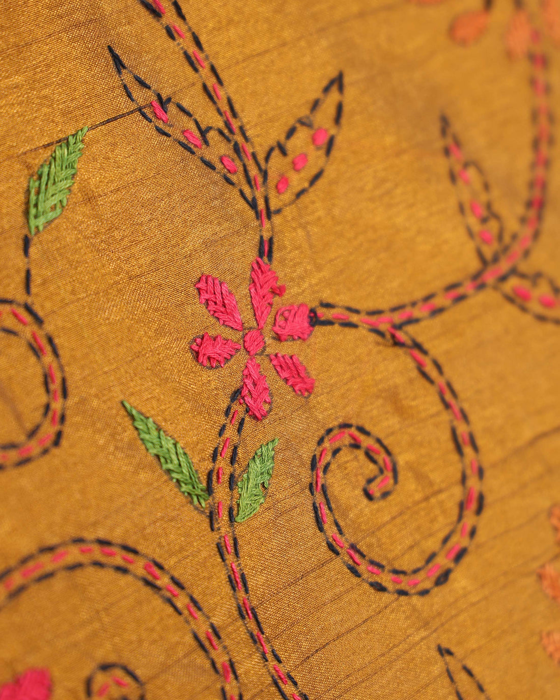 Elegant Hand Embroidered Kantha Work Saree with Detailed Floral Motifs - Mustard