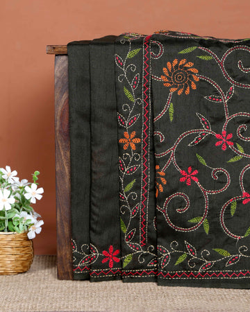 Elegant Hand Embroidered Kantha Work Tussar Saree with Detailed Floral Motifs  - Dark Green