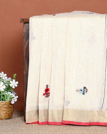 Elegant Hand Embroidered Kantha Work Saree with Delicate Floral Embroidery and Subtle Zari Border - Cream