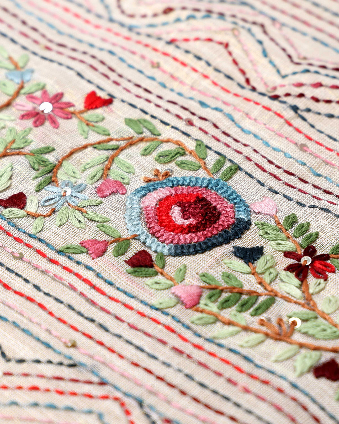 Elegant Hand Embroidered Kantha Work Saree with Delicate Floral Embroidery and Subtle Zari Border - Cream