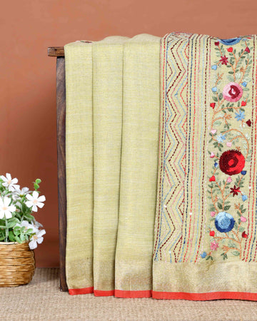 Elegant Hand Embroidered Kantha Work Saree with Intricate Floral Motifs and Subtle Zari Border - Light Green
