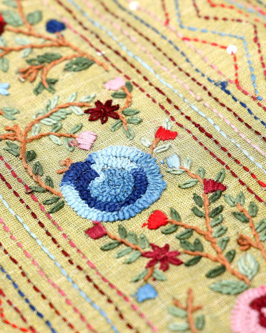 Elegant Hand Embroidered Kantha Work Saree with Intricate Floral Motifs and Subtle Zari Border - Light Green