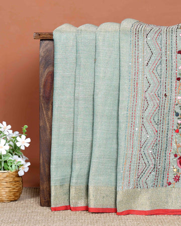 Elegant Hand Embroidered Kantha Work Saree with Intricate Floral Motifs and Subtle Zari Border - Green