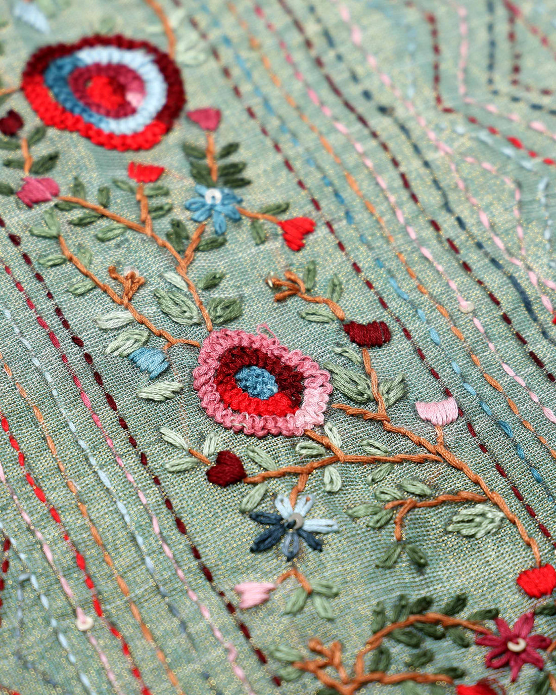 Elegant Hand Embroidered Kantha Work Saree with Intricate Floral Motifs and Subtle Zari Border - Green