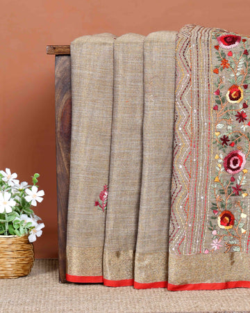 Elegant Hand Embroidered Kantha Work Saree with Intricate Floral Motifs and Subtle Zari Border - Brown