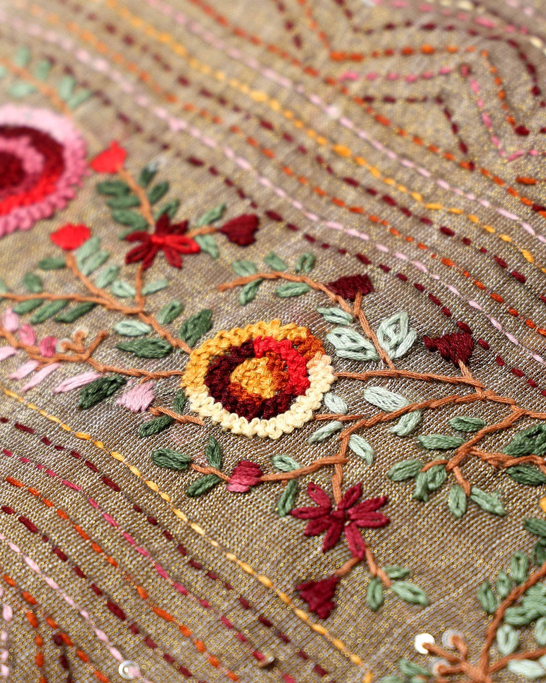Elegant Hand Embroidered Kantha Work Saree with Intricate Floral Motifs and Subtle Zari Border - Brown