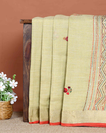 Elegant Hand Embroidered Kantha Work Saree with Intricate Floral Motifs and Subtle Zari Border - Light Green