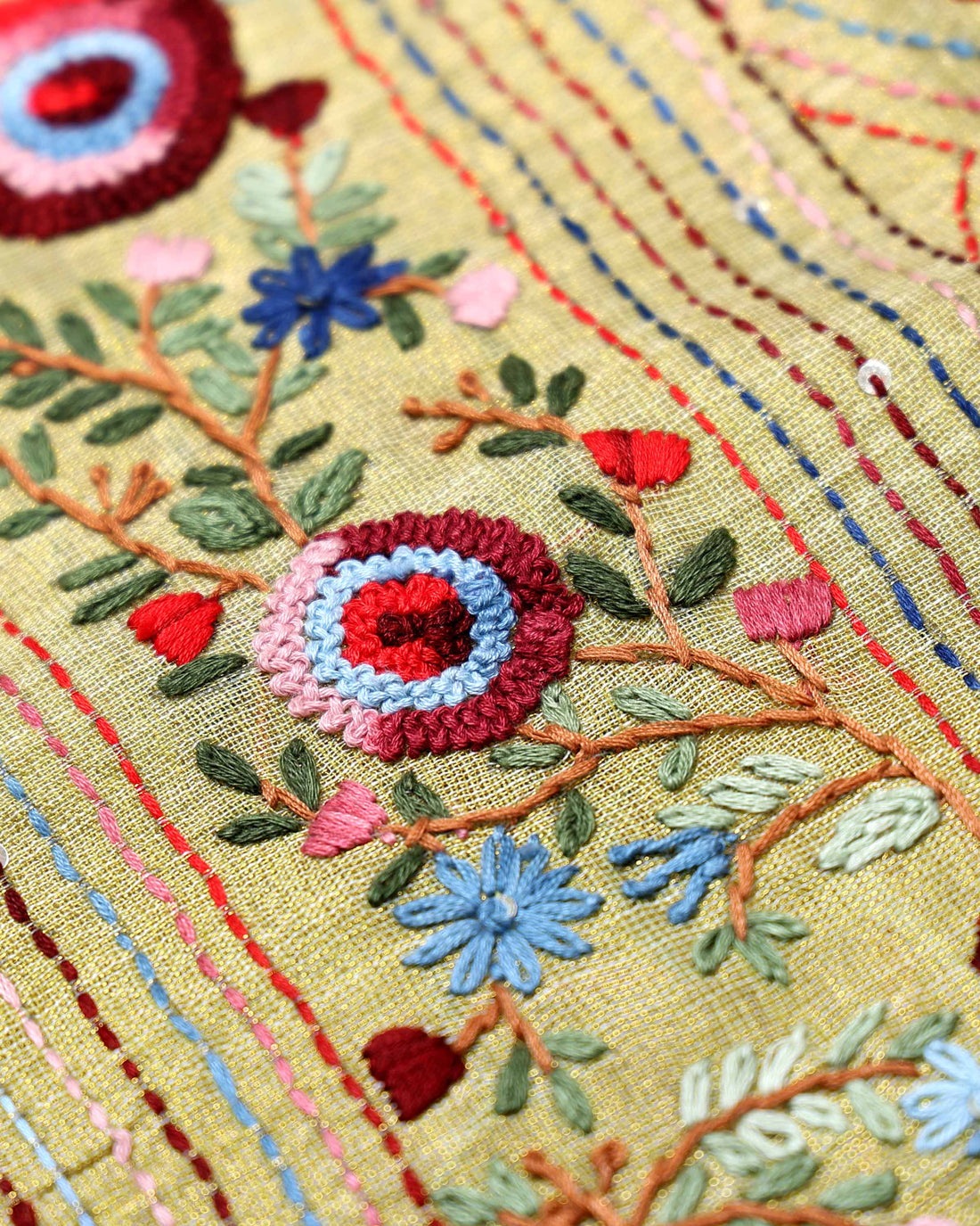 Elegant Hand Embroidered Kantha Work Saree with Intricate Floral Motifs and Subtle Zari Border - Light Green