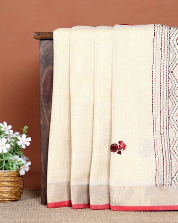 Elegant Hand Embroidered Kantha Work Saree with Delicate Floral Embroidery and Subtle Zari Border - Cream