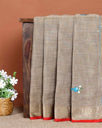 Elegant Hand Embroidered Kantha Work Saree with Delicate Floral Embroidery and Subtle Zari Border - Brown