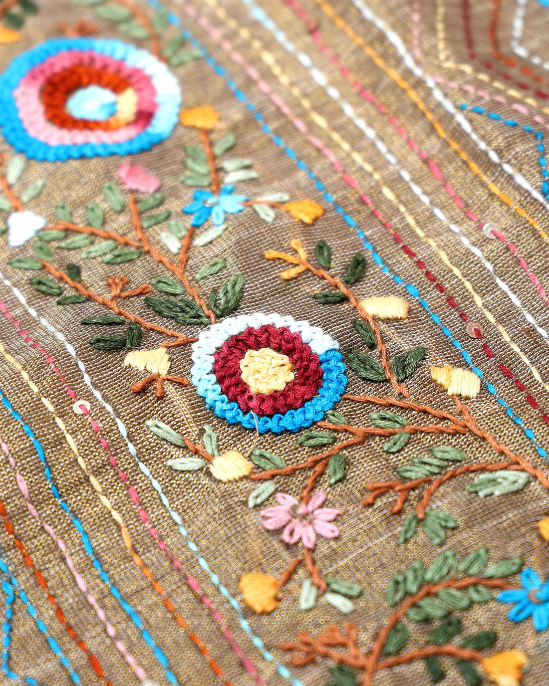 Elegant Hand Embroidered Kantha Work Saree with Delicate Floral Embroidery and Subtle Zari Border - Brown