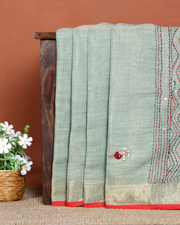 Elegant Hand Embroidered Kantha Work Saree with Delicate Floral Embroidery and Subtle Zari Border - Green