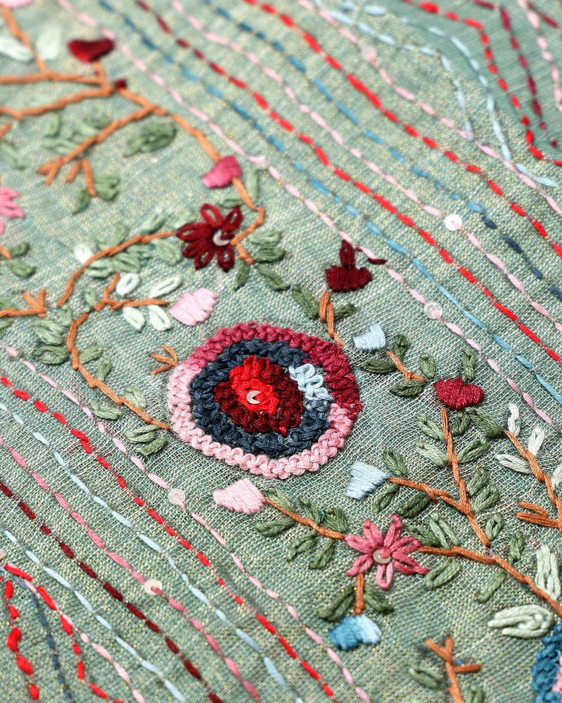 Elegant Hand Embroidered Kantha Work Saree with Delicate Floral Embroidery and Subtle Zari Border - Green