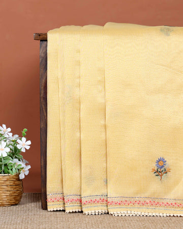 Elegant Hand Embroidered Kantha Work Saree with Delicate Floral Motif and Embroidered Border - Yellow