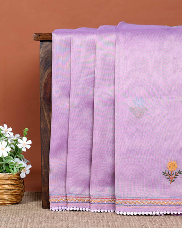 Elegant Hand Embroidered Kantha Work Saree with Delicate Floral Motif and Embroidered Border - Lavender
