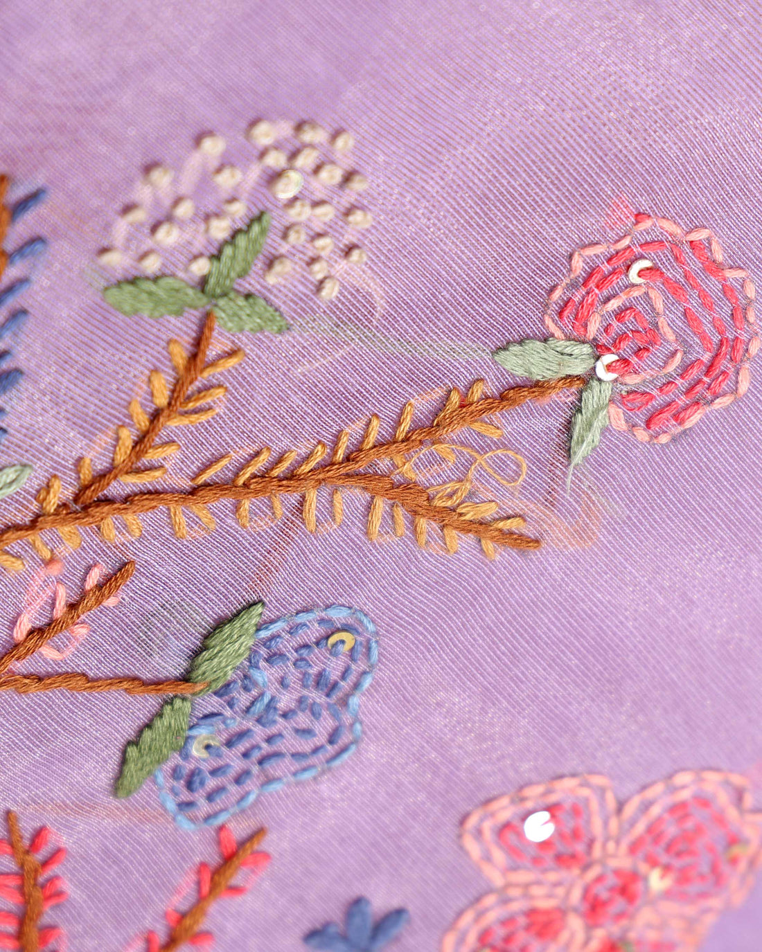 Elegant Hand Embroidered Kantha Work Saree with Delicate Floral Motif and Embroidered Border - Lavender