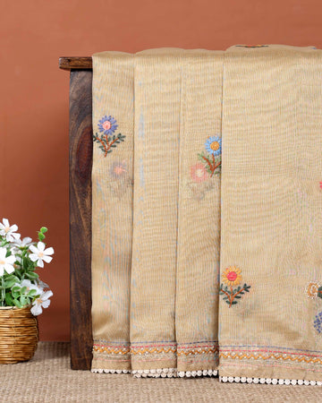 Elegant Hand Embroidered Kantha Work Saree with Delicate Floral Motif and Embroidered Border - Brown