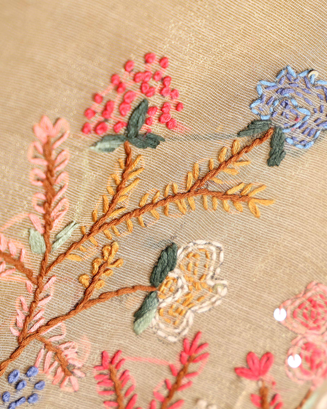 Elegant Hand Embroidered Kantha Work Saree with Delicate Floral Motif and Embroidered Border - Brown