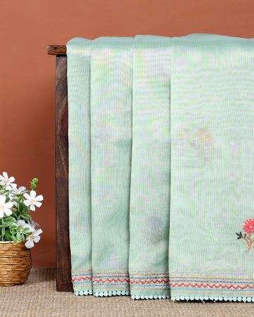 Elegant Hand Embroidered Kantha Work Saree with Delicate Floral Motif and Embroidered Border - Green