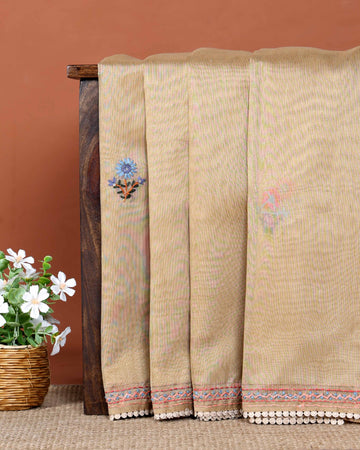 Elegant Hand Embroidered Kantha Work Saree with Delicate Floral Motif and Embroidered Border - Light Brown