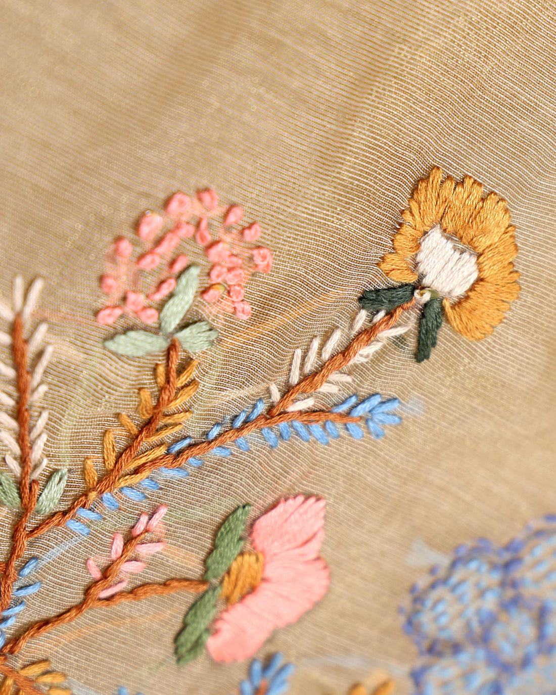 Elegant Hand Embroidered Kantha Work Saree with Delicate Floral Motif and Embroidered Border - Light Brown