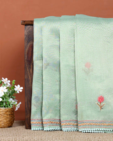 Elegant Hand Embroidered Kantha Work Saree with Delicate Floral Motif and Embroidered Border - Green